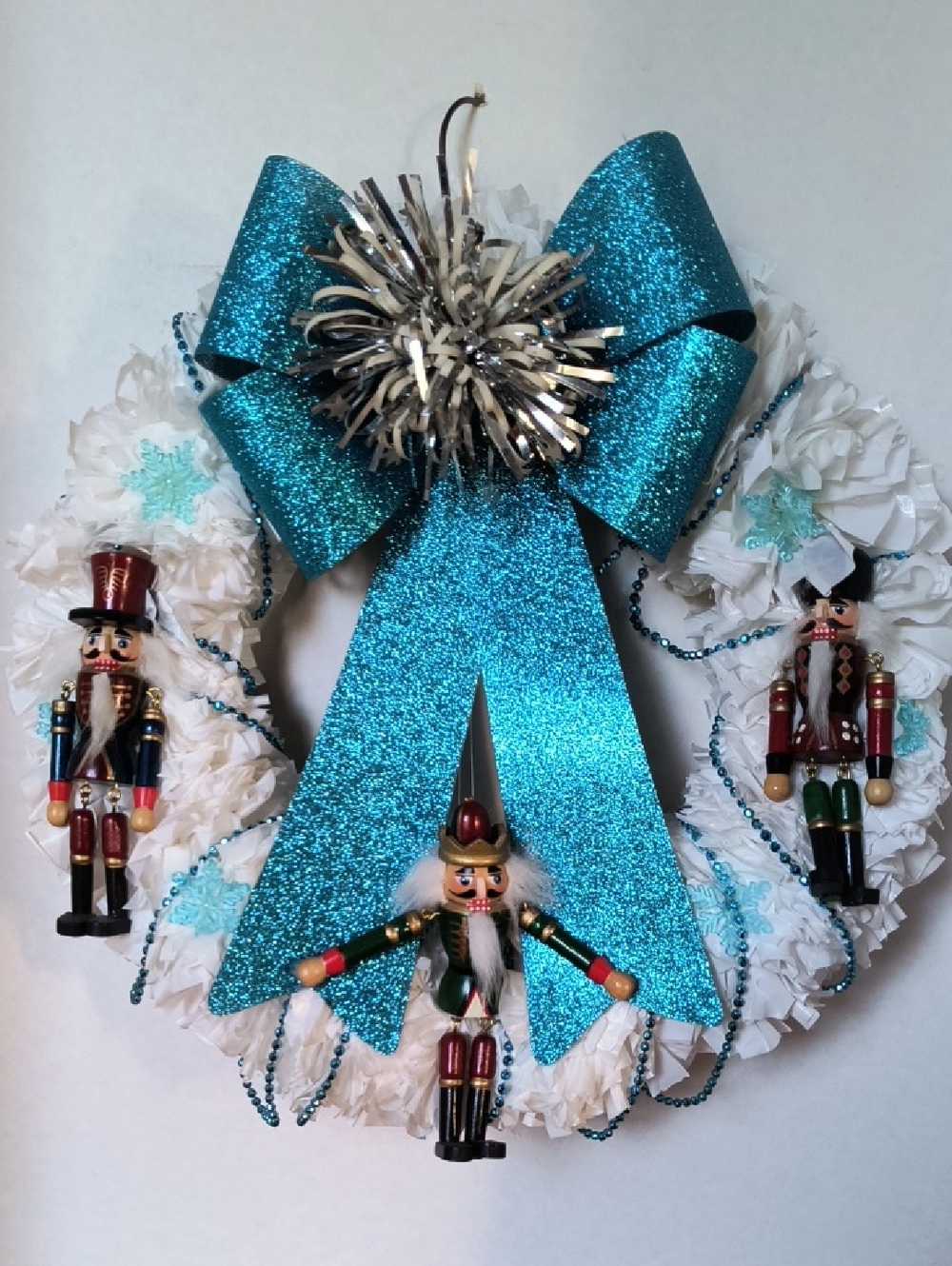 Festive White Christmas Wreath with Blue Bow & Nutcrackers Handmade B2